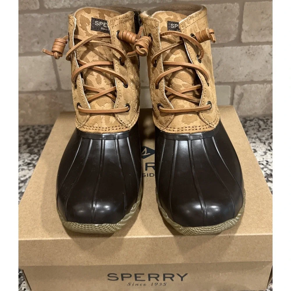 New Sperry Saltwater Cheetah Tan Duck Boots All Weather STS87095 Women's 7.5